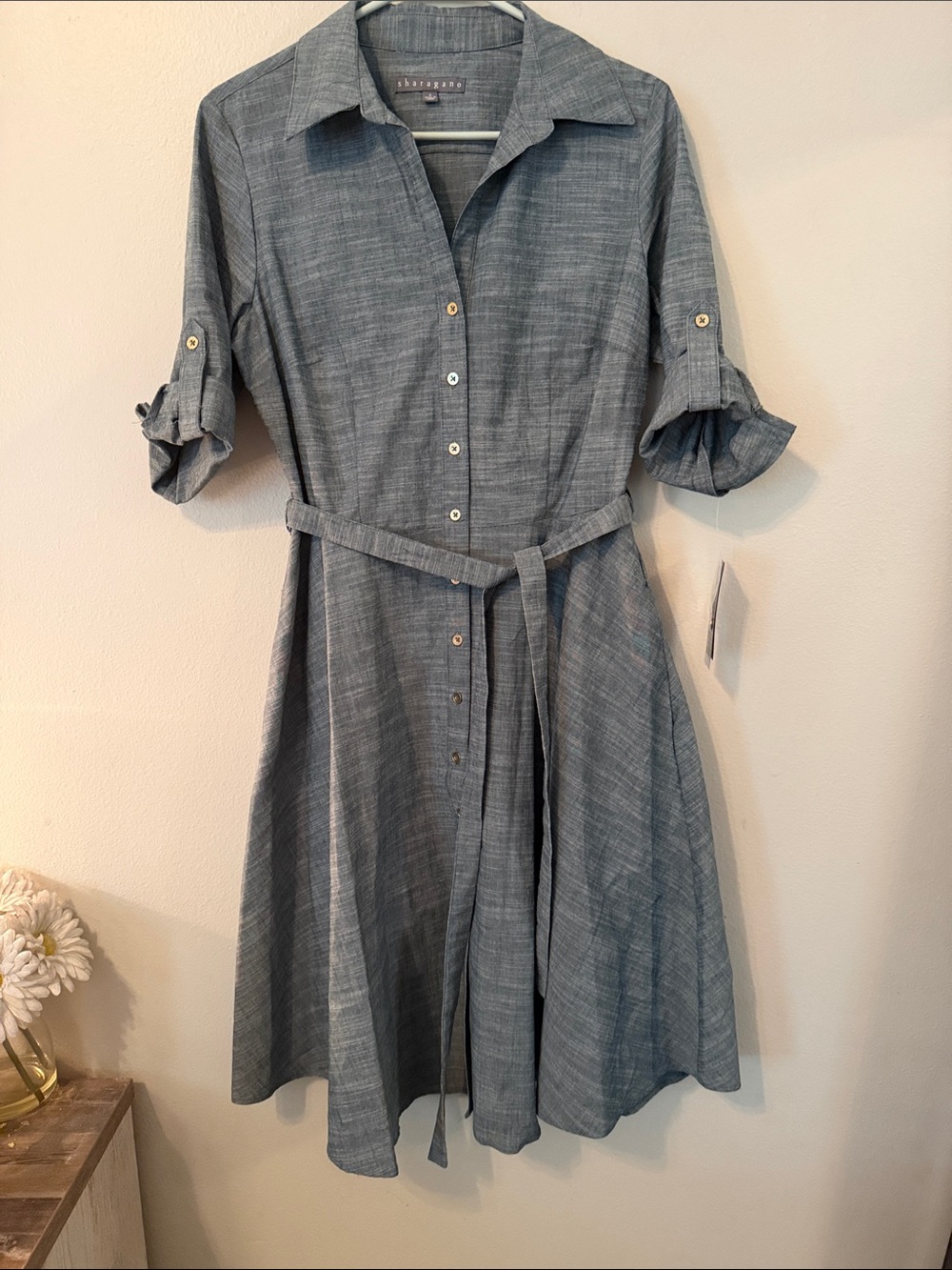 Sharagano Gray Blue A Line Button Down Dress with waist belt (Size: 6)